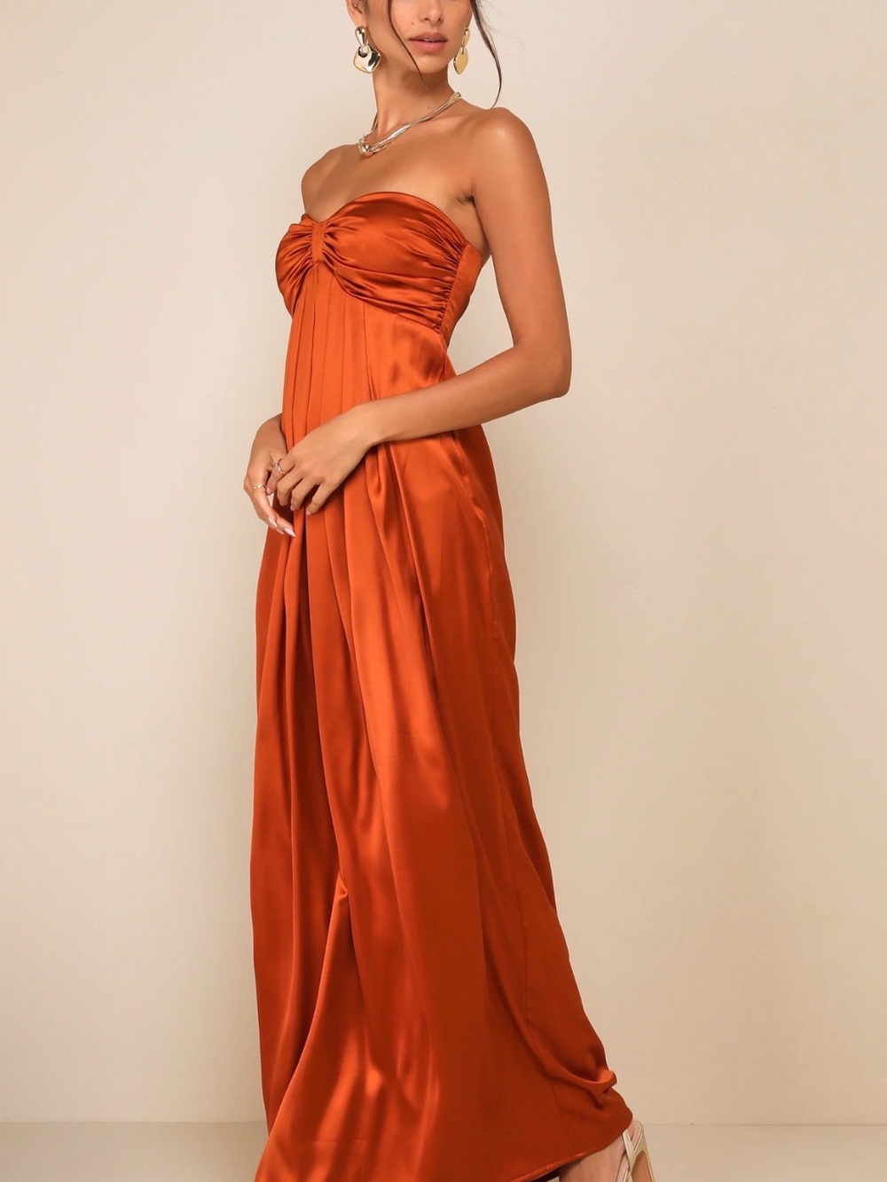 Memorable Entrance Rust Orange Strapless Satin Dress - Picture 2 of 7